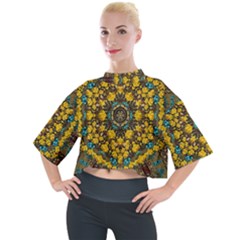 Mandala Faux Artificial Leather Among Spring Flowers Mock Neck Tee by pepitasart