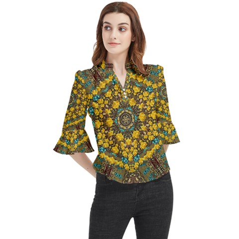 Mandala Faux Artificial Leather Among Spring Flowers Loose Horn Sleeve Chiffon Blouse by pepitasart