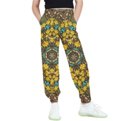 Mandala Faux Artificial Leather Among Spring Flowers Kids  Elastic Waist Pants by pepitasart