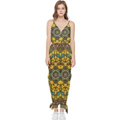 Mandala Faux Artificial Leather Among Spring Flowers Sleeveless Tie Ankle Jumpsuit by pepitasart