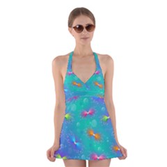 Non Seamless Pattern Blues Bright Halter Dress Swimsuit 