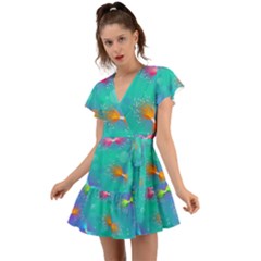 Non Seamless Pattern Blues Bright Flutter Sleeve Wrap Dress by Dutashop