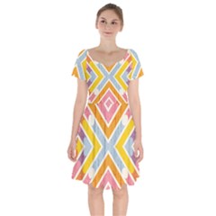 Line Pattern Cross Print Repeat Short Sleeve Bardot Dress by Dutashop