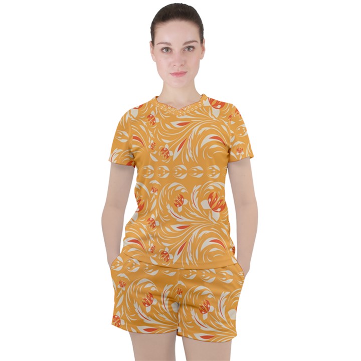 Orange pattern Women s Tee and Shorts Set