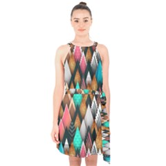 Abstract Triangle Tree Halter Collar Waist Tie Chiffon Dress