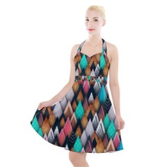 Abstract Triangle Tree Halter Party Swing Dress 