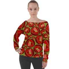Abstract Rose Garden Red Off Shoulder Long Sleeve Velour Top