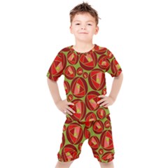 Abstract Rose Garden Red Kids  Tee And Shorts Set