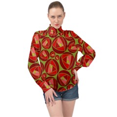 Abstract Rose Garden Red High Neck Long Sleeve Chiffon Top by Dutashop