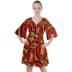 Abstract Rose Garden Red Boho Button Up Dress by Dutashop