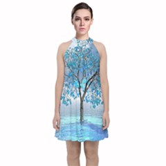 Crystal Blue Tree Velvet Halter Neckline Dress 