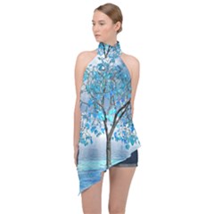 Crystal Blue Tree Halter Asymmetric Satin Top