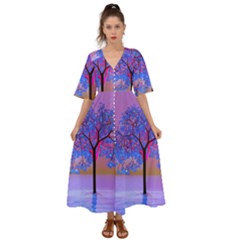 Tree Sunset Kimono Sleeve Boho Dress