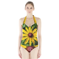 Sunflower Painting Halter Swimsuit by ExtraGoodSauce