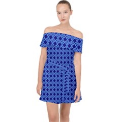 Basket Weave Basket Pattern Blue Off Shoulder Chiffon Dress