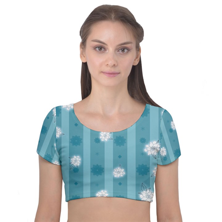 Gardenia Flowers White Blue Velvet Short Sleeve Crop Top 