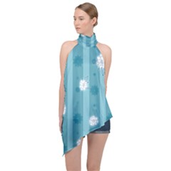 Gardenia Flowers White Blue Halter Asymmetric Satin Top by Dutashop