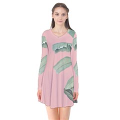 Banana Leaf On Pink Long Sleeve V-neck Flare Dress by goljakoff