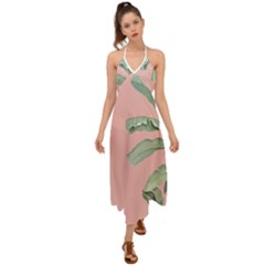 Banana Leaf On Pink Halter Tie Back Dress  by goljakoff