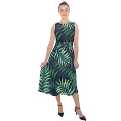 Green Leaves Midi Tie-back Chiffon Dress by goljakoff