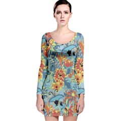 Flowers and butterfly Long Sleeve Velvet Bodycon Dress