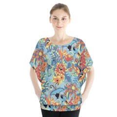 Flowers and butterfly Batwing Chiffon Blouse