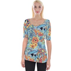 Flowers and butterfly Wide Neckline Tee