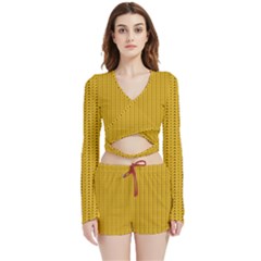 Yellow Knitted Pattern Velvet Wrap Crop Top And Shorts Set by goljakoff