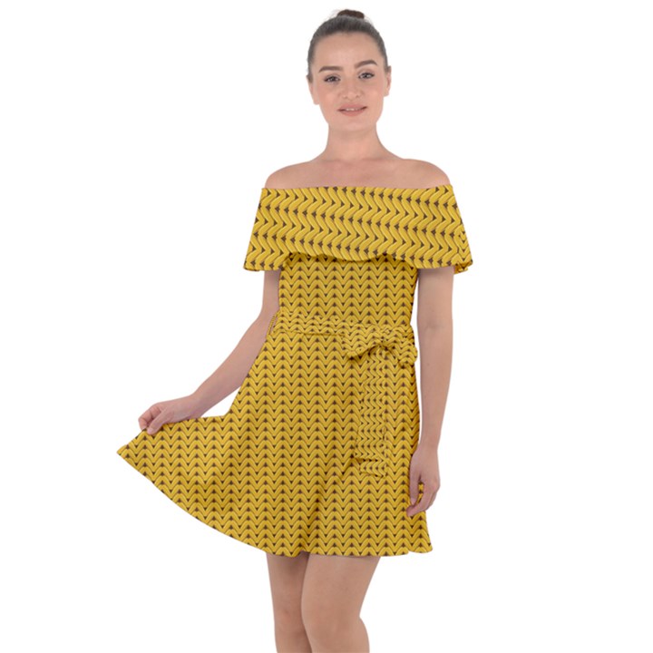 Yellow knitted pattern Off Shoulder Velour Dress