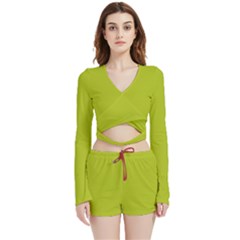 Acid Green Velvet Wrap Crop Top And Shorts Set by FabChoice