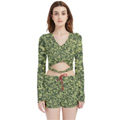 Camouflage Green Velvet Wrap Crop Top And Shorts Set by JustToWear