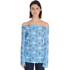 Birds In The Sky Off Shoulder Long Sleeve Top by SychEva