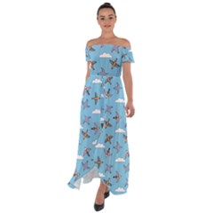 Birds In The Sky Off Shoulder Open Front Chiffon Dress by SychEva