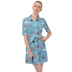 Birds In The Sky Belted Shirt Dress by SychEva