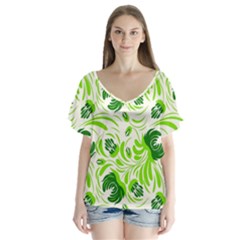 Green leaves V-Neck Flutter Sleeve Top