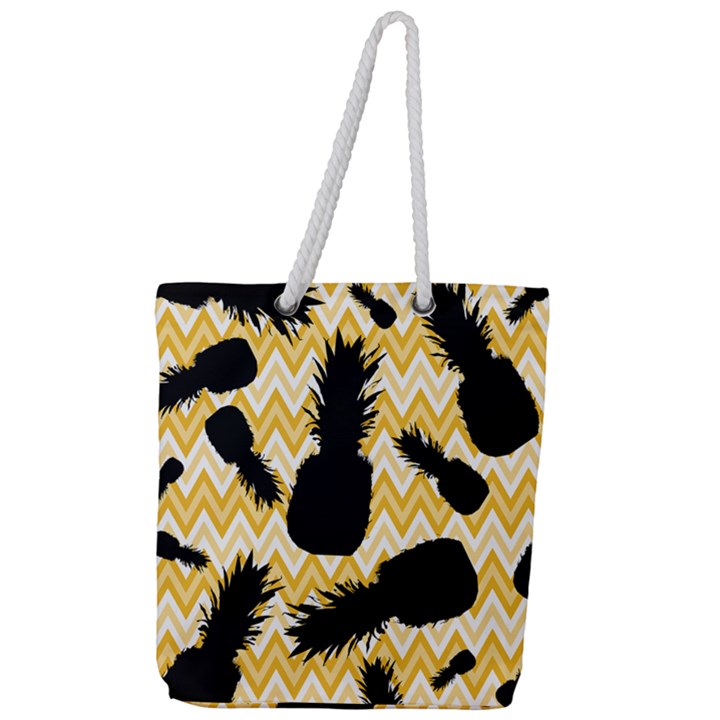 Ananas Chevrons Noir/Jaune Full Print Rope Handle Tote (Large)