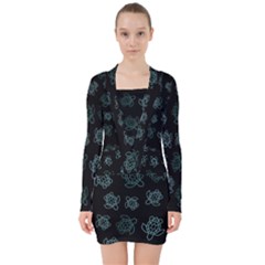 Blue Turtles On Black V-neck Bodycon Long Sleeve Dress by contemporary