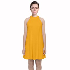 Color Orange Velvet Halter Neckline Dress  by Kultjers