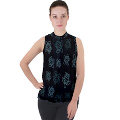 Blue Turtles On Black Mock Neck Chiffon Sleeveless Top by contemporary