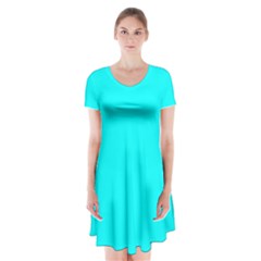 Color Aqua / Cyan Short Sleeve V-neck Flare Dress by Kultjers