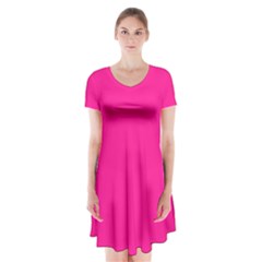 Color Deep Pink Short Sleeve V-neck Flare Dress by Kultjers