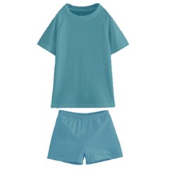 Color Cadet Blue Kids  Swim Tee And Shorts Set