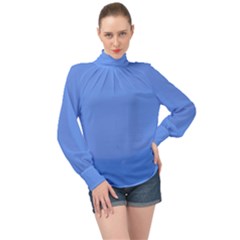 Color Cornflower Blue High Neck Long Sleeve Chiffon Top by Kultjers