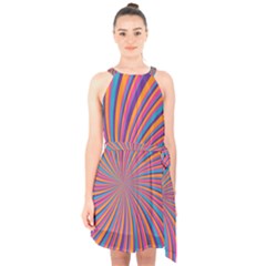 Psychedelic Groovy Pattern 2 Halter Collar Waist Tie Chiffon Dress