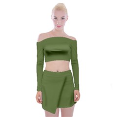 Color Dark Olive Green Off Shoulder Top With Mini Skirt Set by Kultjers