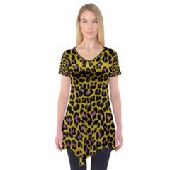 Pattern Leopard Yellow Fur Short Sleeve Tunic  by JustToWear