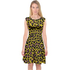 Pattern Leopard Yellow Fur Capsleeve Midi Dress by JustToWear