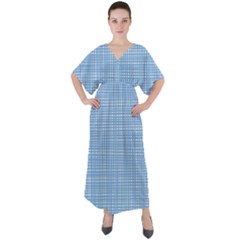 Blue knitted pattern V-Neck Boho Style Maxi Dress