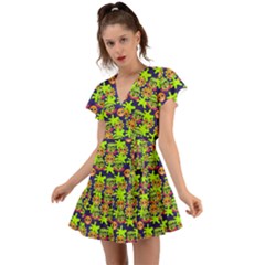 Smiley Background Smiley Grunge Flutter Sleeve Wrap Dress