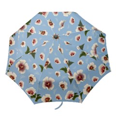 Delicate Hibiscus Flowers On A Blue Background Folding Umbrellas by SychEva